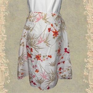 New York & Company White A-Line Skirt with Floral and Bamboo Print